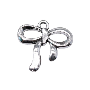 Silver zinc alloy bow charm with vintage finish and hanging ring for DIY jewelry making