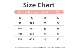 Size chart for floral cotton baby girl set showing length, chest, and pants measurement