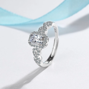 Elegant 925 sterling silver ring featuring a square zircon center stone on white background