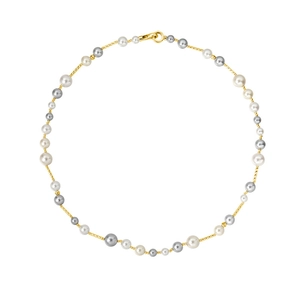 Elegant multi-color pearl necklace with white and grey pearls on a gold chain