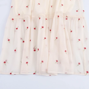 Sweet floral halter dress in beige chiffon with red rose embroidery and ruffled hem