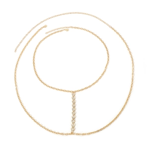 Gold heart rhinestone body chain featuring multi-layered thin link tassels