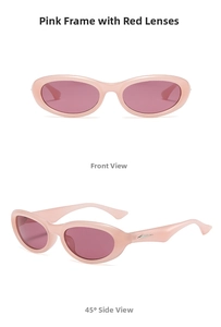 Front and 45-degree angle view of vintage pink oval sunglasses with burgundy lenses