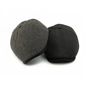Vintage winter newsboy hats in grey herringbone and solid black fleece lined fabric