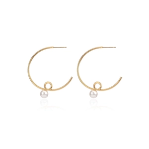 Minimalist gold-plated stainless steel C-shape hoop earrings with white pearl pendants