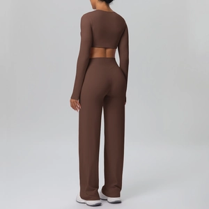 Detail view of mocha brown long sleeve top and high waist wide leg yoga pants set