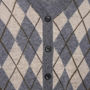 Classic V-neck argyle knit cardigan featuring grey diamonds and textured resin buttons