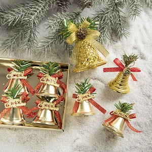 Christmas Bells Golden Hanging Ornaments With Bows Pine Needles For Tree Decoration Festive Party Supplies