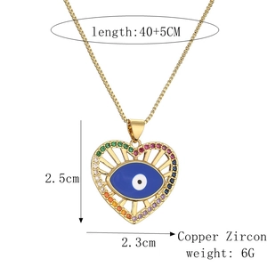 Detailed size chart for heart evil eye necklace with zircon stones and dimensions