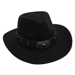 Detail of western cowboy hat with silver bull head buckle and leather band embellishment