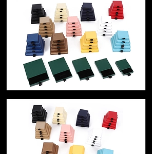 Multiple sizes and colors of sliding drawer jewelry boxes shown in a catalog layout