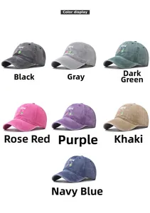 Detail of seven vintage washed cotton baseball caps with embroidered Jesus graphic