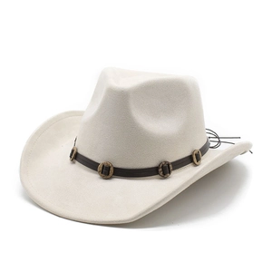 Detail of cream western cowboy hat featuring dark brown leather band with metal buckles