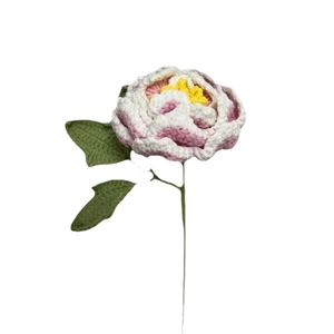 Handmade crochet peony flower in pink and white with green leaves on white background