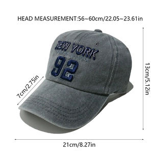 Detailed size chart of vintage New York baseball cap with 56-60cm adjustable circumference