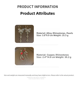 Detail showing dimensions and materials of butterfly and heart tassel drop earrings