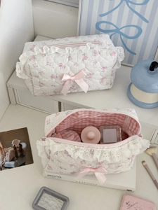 Floral Quilted Makeup Bag Cotton Lace Ribbon Bow Zipper Pouch Cosmetic Organizer Travel Pastoral Sweet Style For Women