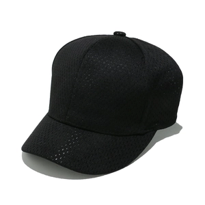 Detail of black mesh baseball cap showing breathable weave and short brim design