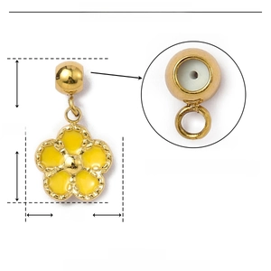 Detail view of yellow enamel flower charm with internal rubber stopper and dimensions
