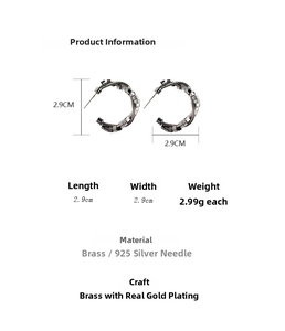 Detail view of gold-plated brass C-hoop earring with 2.9cm diameter and size specifications