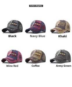 Matrix view of vintage washed baseball caps with embroidery in six varied colors