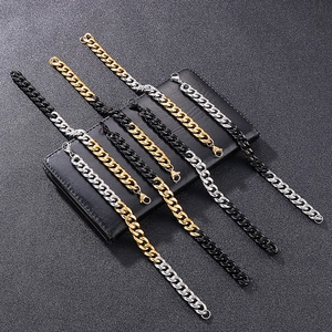 Men's titanium steel Cuban link bracelets in gold, silver, and black on leather