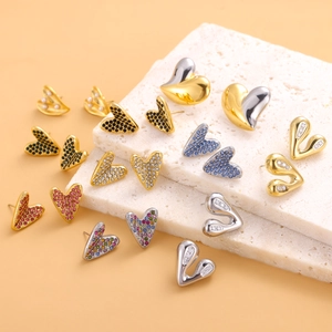 Chic heart-shaped titanium steel stud earrings with colorful zircon stones on stone