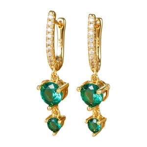 S925 silver gold-plated hoop earrings featuring round green zircons on white background