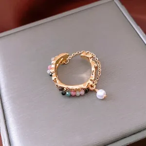 Vintage 18k gold plated wave ring with colorful beads and hanging pearl pendant