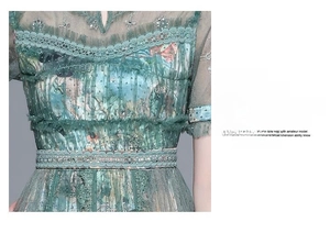 Detail of embroidered lace and beaded polka dot mesh on this dark green summer dress