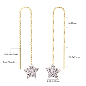 Detailed view of long gold tassel star earrings with dimensions and material specs