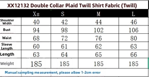 Size chart detail showing measurements for the double-pocket plaid poplin shirt for women
