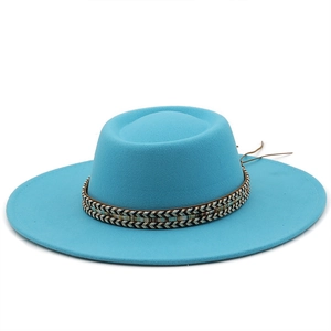 Classic sky blue flat top wool felt fedora hat with ethnic woven band and leather cords
