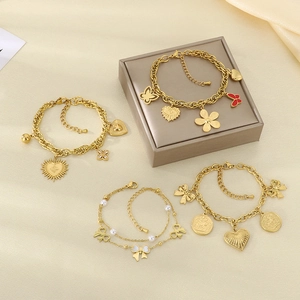 Gold Plated Stainless Steel Charm Bracelet For Women Fashion Heart Butterfly Flower Pendant Adjustable Jewelry