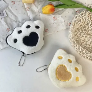 Plush Cat Paw Coin Purse Heart Embroidery Earphone Storage Bag Keychain Pendant Cartoon Style