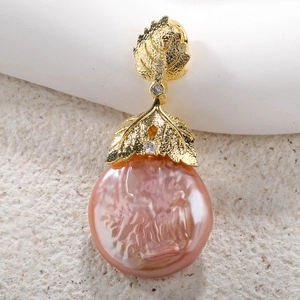 Gold leaf baroque pearl pendant with pink irregular freshwater pearl and zircons