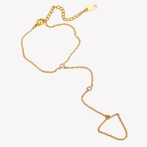 18K gold plated stainless steel finger bracelet with round zircon and water ripple chain