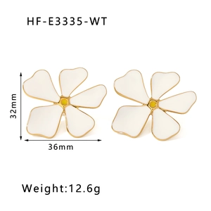 Detail view of 32mm x 36mm white daisy floral earrings with gold edges and yellow accents