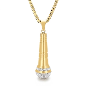 Microphone Pendant Necklace Stainless Steel 18K Gold Plated Zircon Rhinestone Hip Hop Rap Jewelry Gift For Men