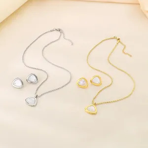 Collier Et Boucles Oreilles En Acier Inoxydable Triangle Coquille Blanche Strass Chaîne Torsadée Accessoire Mode Femmes