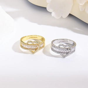 18K Gold Plated Copper Heart Open Ring Zirconia Inlaid Adjustable Vintage Finger Ring Jewelry For Women Elegant Gift