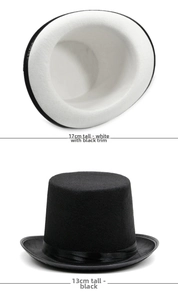 Detailed comparison of 17cm white and 13cm black tall magician top hats with ribbon band