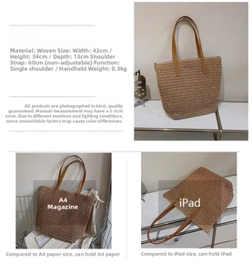 Detail of large straw tote bag with 42x34x13cm size specifications for summer travel