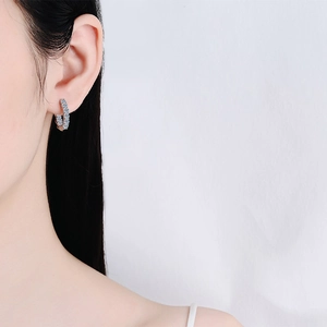 S925 sterling silver hoop earrings featuring double rows of sparkling light blue moissanite