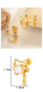 Detailed size view of a golden cat stud earring with zircon inlay and dimensions