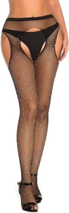 Detail view of black rhinestone fishnet tights with waist cut-outs and sparkling crystals