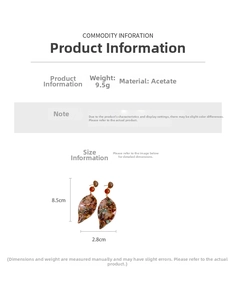 Leaf-shaped acetate earrings with tortoise pattern showing 8.5cm length and 9.5g weight