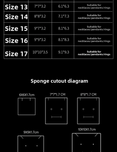 Detailed size chart for jewelry drawer boxes showing dimensions and foam insert layout