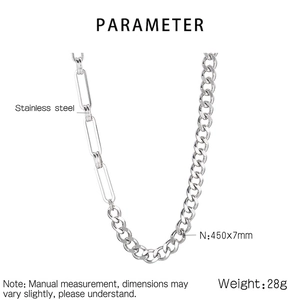 Detail showing asymmetric silver stainless steel paperclip and curb chain necklace design