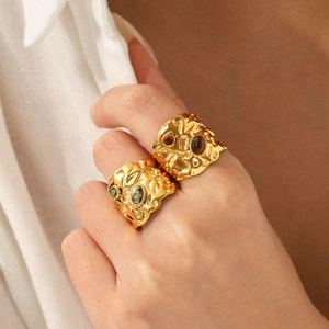 Vintage Stainless Steel Open Ring Gold Plated Hammered Texture Irregular Molten Design Natural Tiger Eye Stone Jewelry